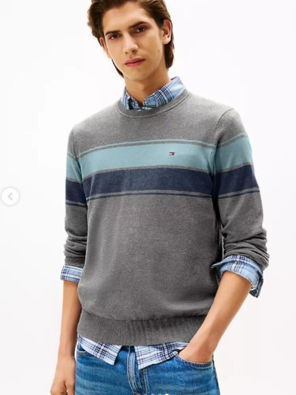 NWT Tommy Hilfiger Men's Large Block-Stripe Cotton Crewneck Sweaters Gray/Blue